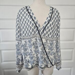 INC International Concepts Blue & White Boho Faux Wrap Bubble Hem Blouse - L